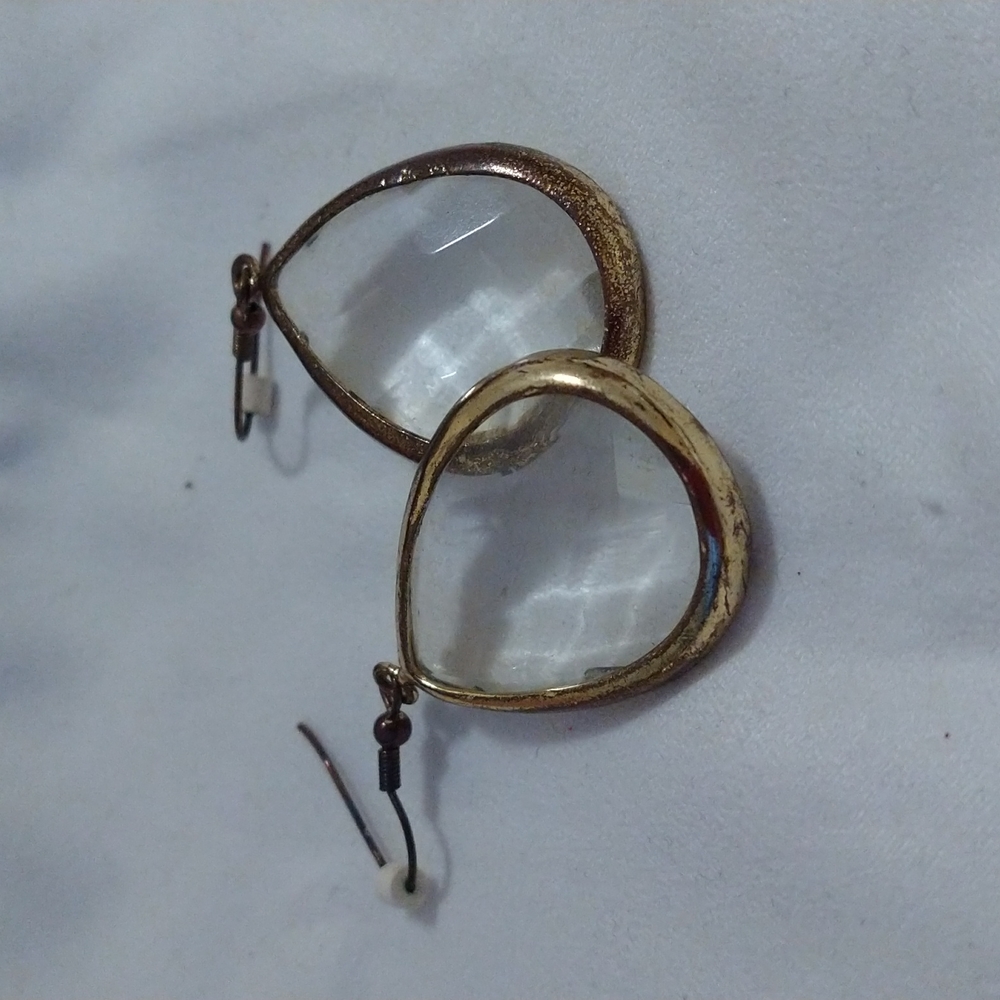 LARGE CLEAR CRYSTAL TEARDROP EARRINGS WRAPPED IN GOLD TONE ENAMEL